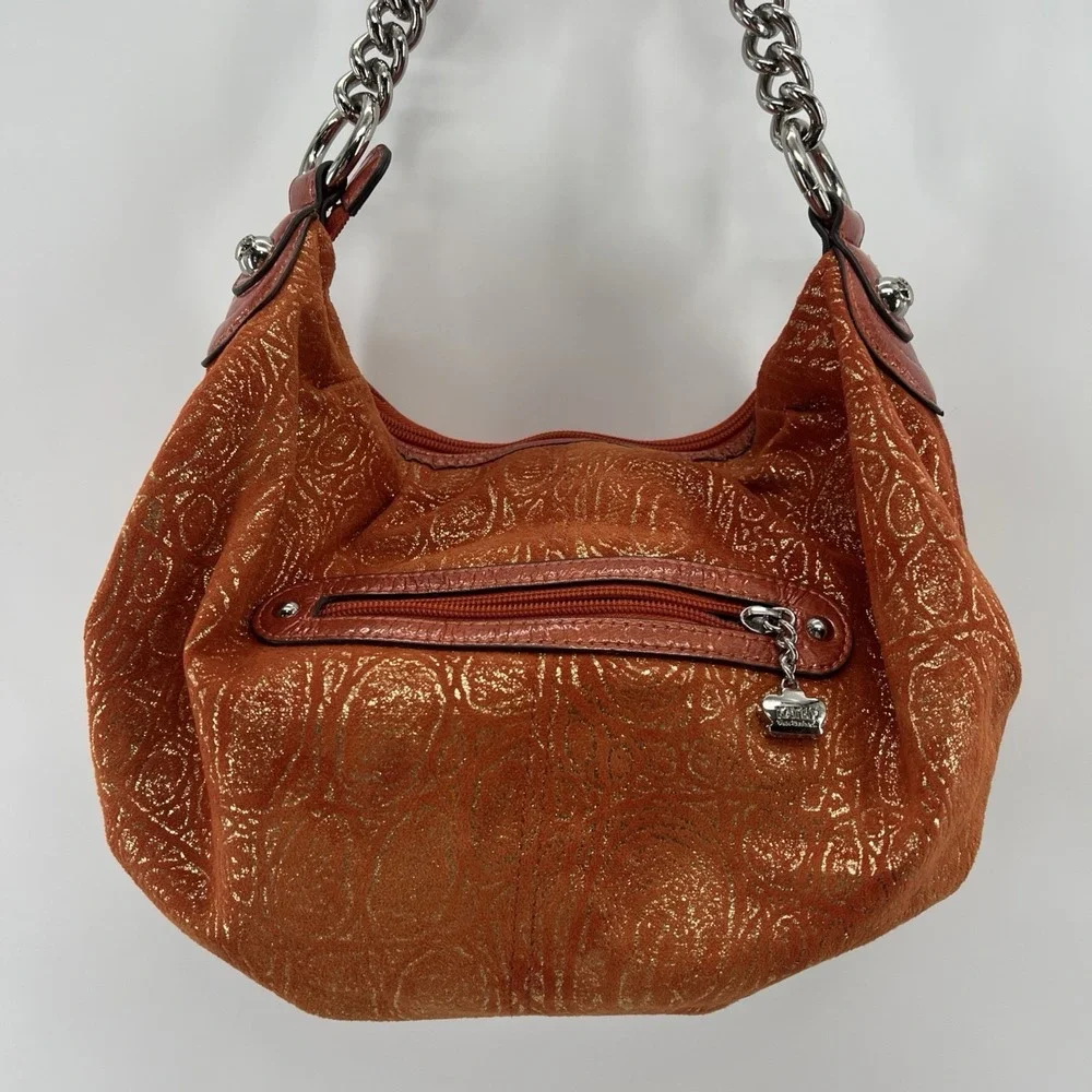 Kathy Van Zeeland Y2K Crown Print Hobo Bag Chain Link MCBling Logo Faux Suede